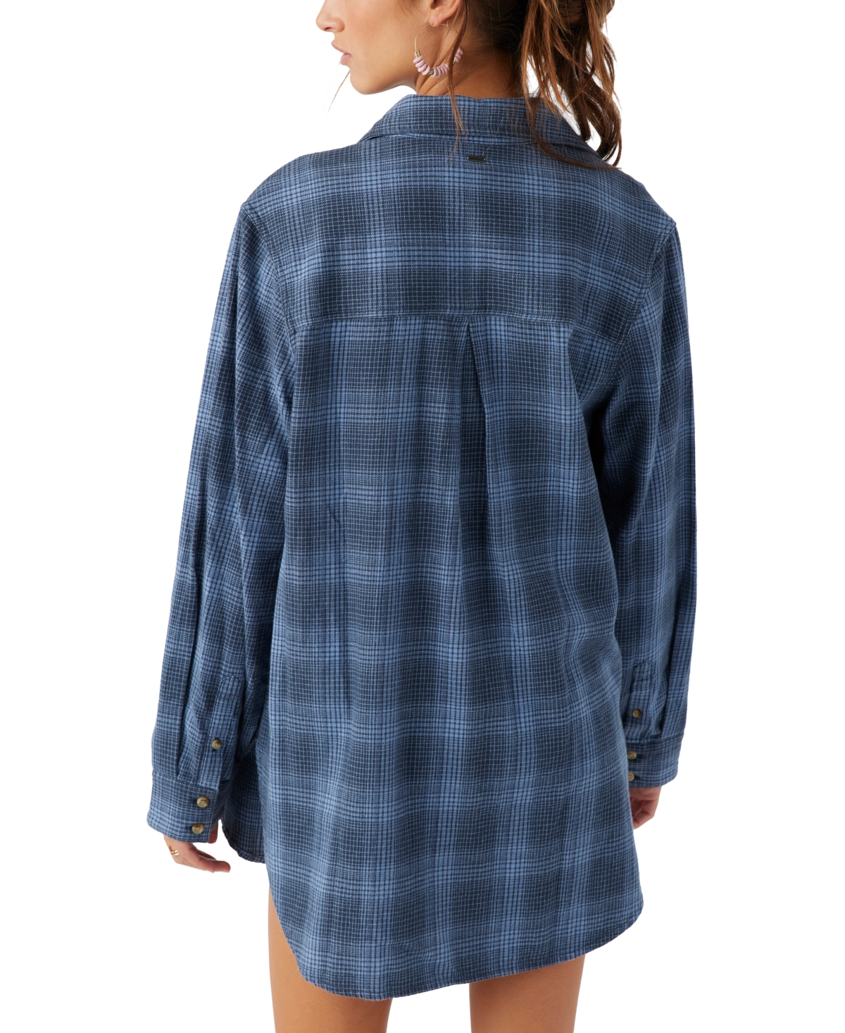 O'neill Juniors' Travys Plaid Print High-low-hem Cotton Shirt In Slate