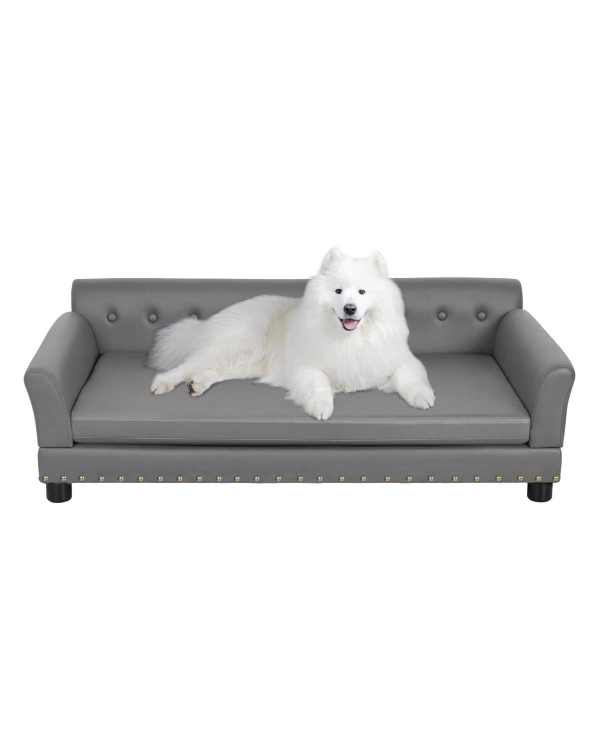 Raised Sofa-type Dog Lounge Bed Microfiber Leather Upholstered Pet Snuggle Bed - Grey