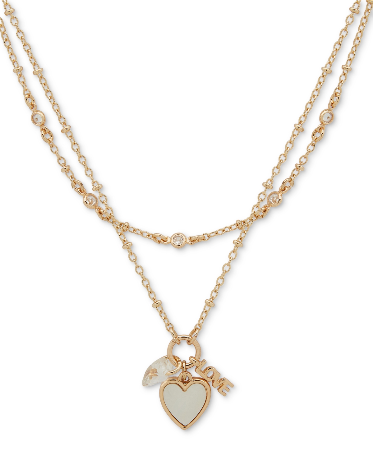 Gold-Tone Mixed Stone Heart Multi-Charm Layered Pendant Necklace, 16" + 3" extender - White