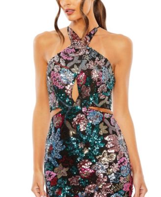 MAC DUGGAL クロスバック ガウン Sequined & Criss-Cross Mac Duggal Black Floral Sequin Criss Cross Bodice Side Slit