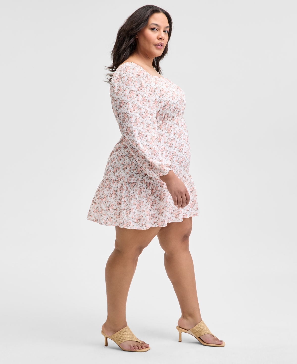 And Now This Trendy Plus Size Printed Peasant Mini Dress, Exclusively At Macy's In Calla Lilly Peach Toast