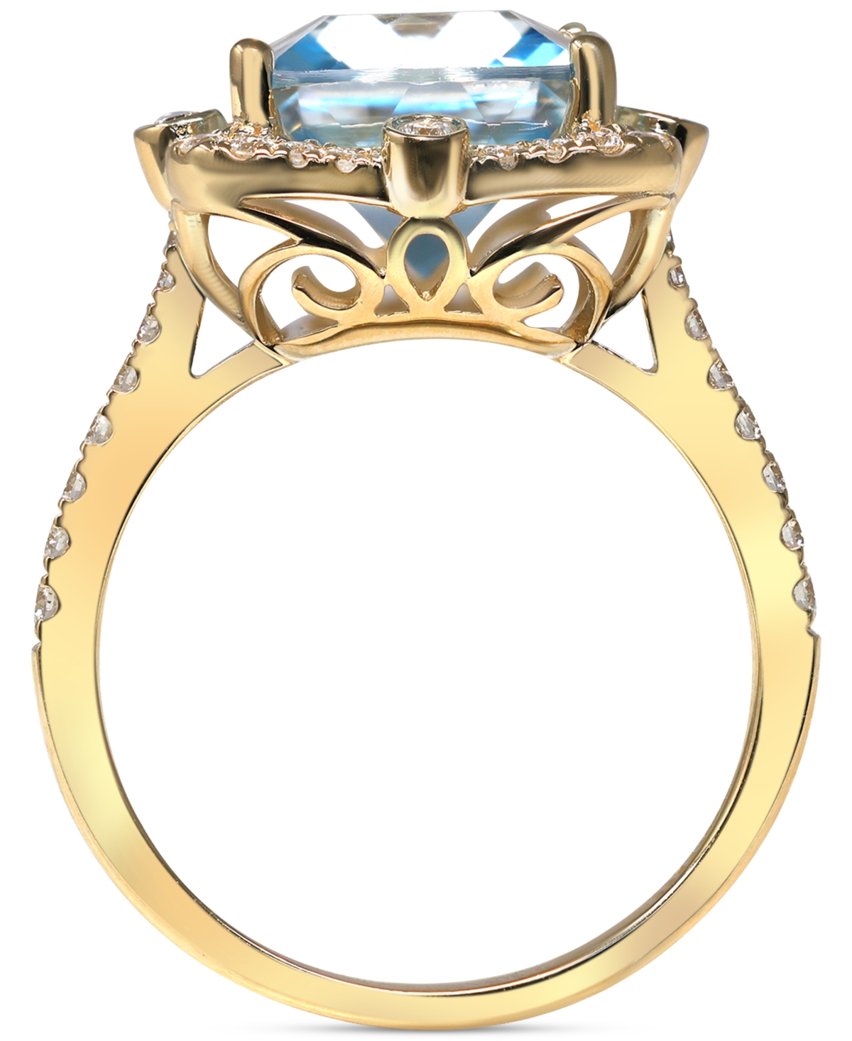 Macy's Blue Topaz (6 Ct. T.w.) & Diamond (1/2 Ct. T.w.) Cushion Halo Ring In 14k Gold In Blue Topaz