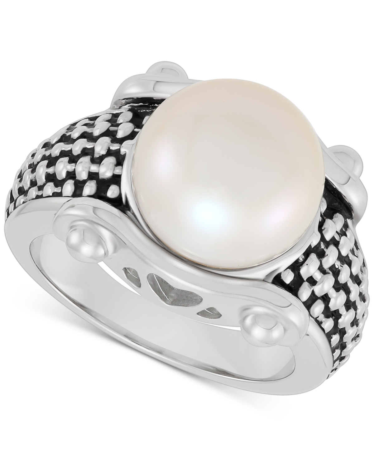 Macy's Cultured Freshwater Button Pearl (11-1/2mm) Basket Weave Statement Ring In Sterling Silver In Silver