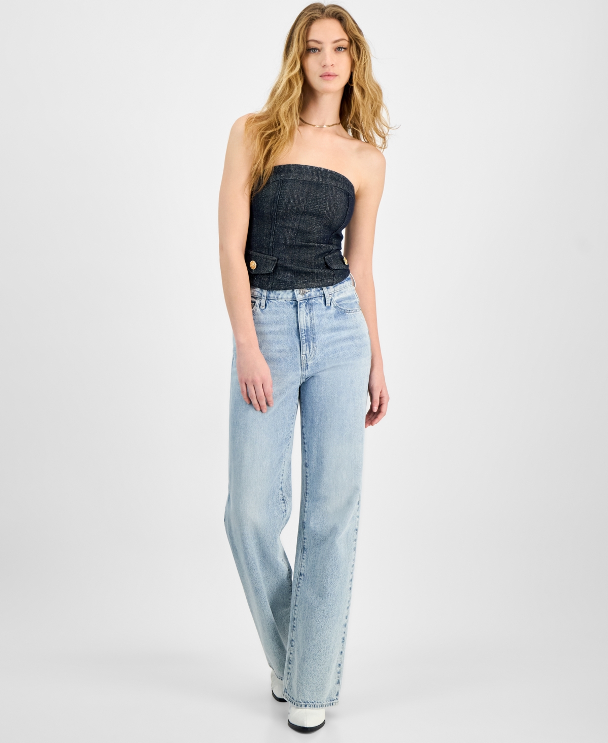 Guess Women's Chany Metallic Denim Corset Top In Glam De Glitter