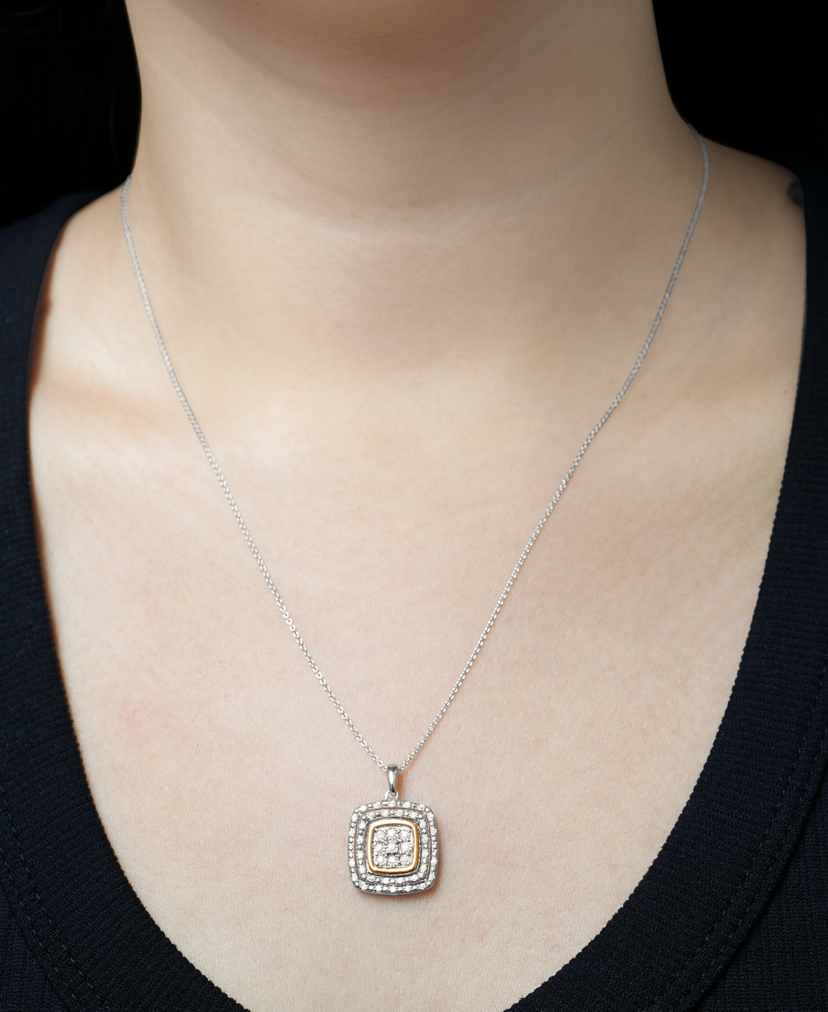 Macy's Diamond Square Halo Cluster 18" Pendant Necklace (1/4 Ct. T.w.) In Sterling Silver & Gold-plate, Exc In Sterling Silver  Gold-plate