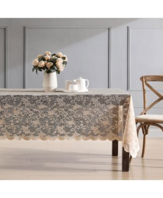 Harper Floral Lace Fabric Tablecloth, Lace Fabric Table Cloth for Rectangle Tables, Wrinkle Resistant Tablecloth, Patterned Scalloped Tablecloth (60 W x 84 L, Linen Taupe)
