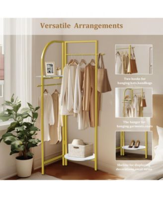 Gold Metal Corner Coat Rack: Garment Rack with 2 Shelves Storage Hanging Clothes
