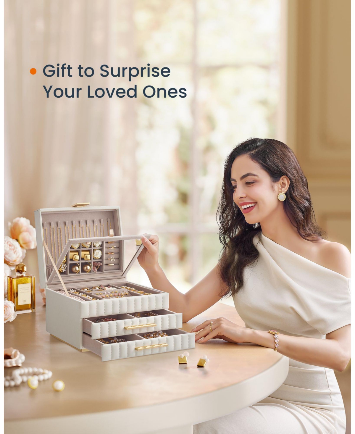 Slickblue 3-Tier Jewelry Box with Mirror, Jewelry Organizer with 2 Drawers, Pu Surface with Stitching, Floating Effect