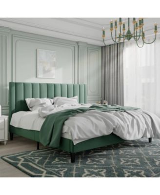 Velvet Upholstered Platform Bed Frame with Headboard &acirc;€“ Modern Bed with Wood Slats, No Box Spring Needed - King