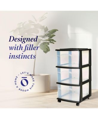 Plastic 3 Drawer Medium Home Storage Container, Clear Drawers & Black Frame