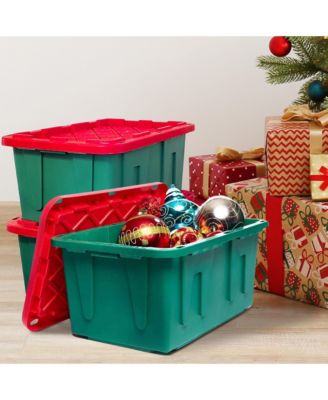 Durable 27 Gallon Heavy Duty Holiday Storage Tote, Green/Red, (4 Pack)