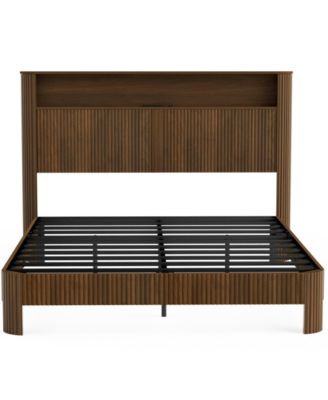 Queen Upholstered Bed Frame with Storage Headboard and Built-in Charging Station, Metal Frame Queen Size Platform Bed, No Box Spring Needed