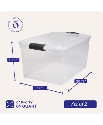 64Qt Stackable Plastic Storage Bin Container Box w/Latch Lid, Clear(2 Pack)