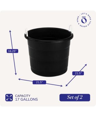 17 Gal Plastic Open Storage Round Utility Tub with Handles, Black (2 Pack)