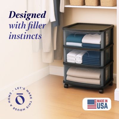 Tall Solid Plastic 3 Drawer Medium Storage Cart with Caster Wheels, Black