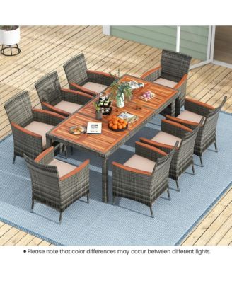 9 PCS Wicker Dining Set Patio Dining Furniture Set w/ Acacia Wood Table & 8 Armchairs