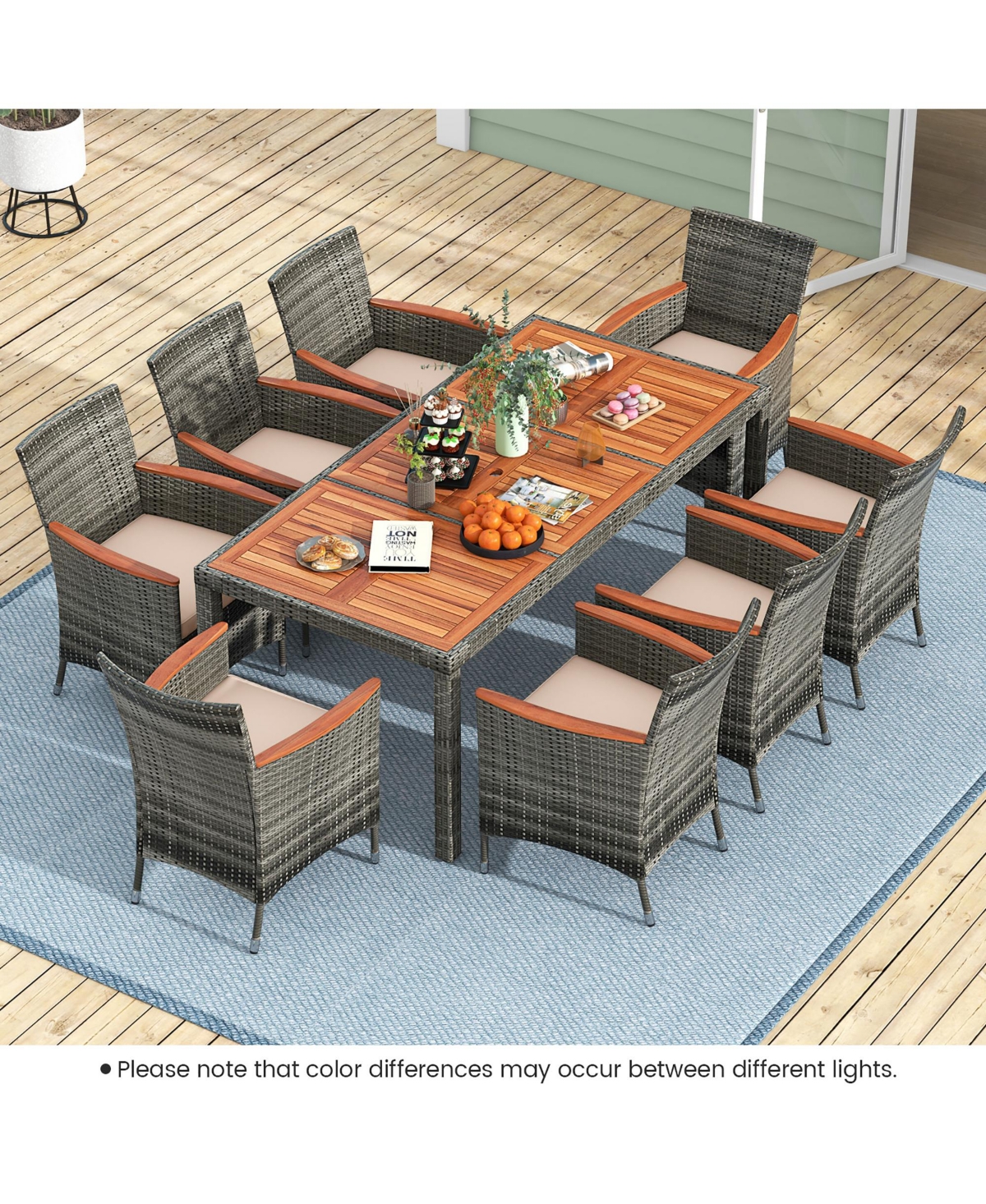 Gymax 9 Pcs Wicker Dining Set Patio Dining Furniture Set w/ Acacia Wood Table & 8 Armchairs - Beige+brown+grey