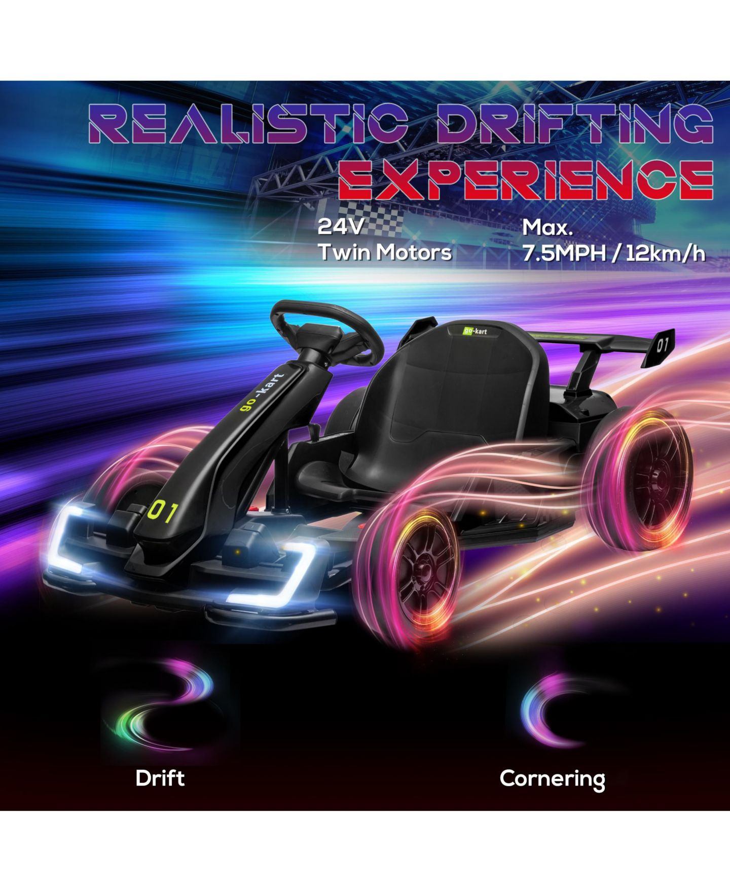 Детская игрушка Aosom 24V 7.5 Mph Electric Go-Kart with Adjustable Seat Ride-On, 110 lbs Capacity, Ages 6+, цвет: Чёрный — фото 2