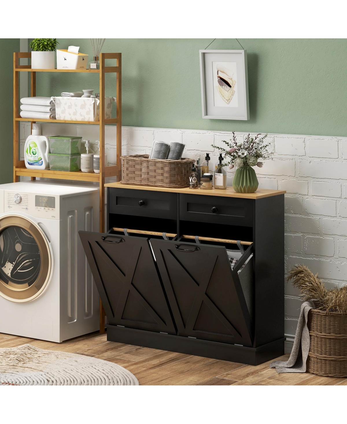 Homcom Tilt Out Laundry Hamper Cabinet with 2 Baskets and 2 Drawers,