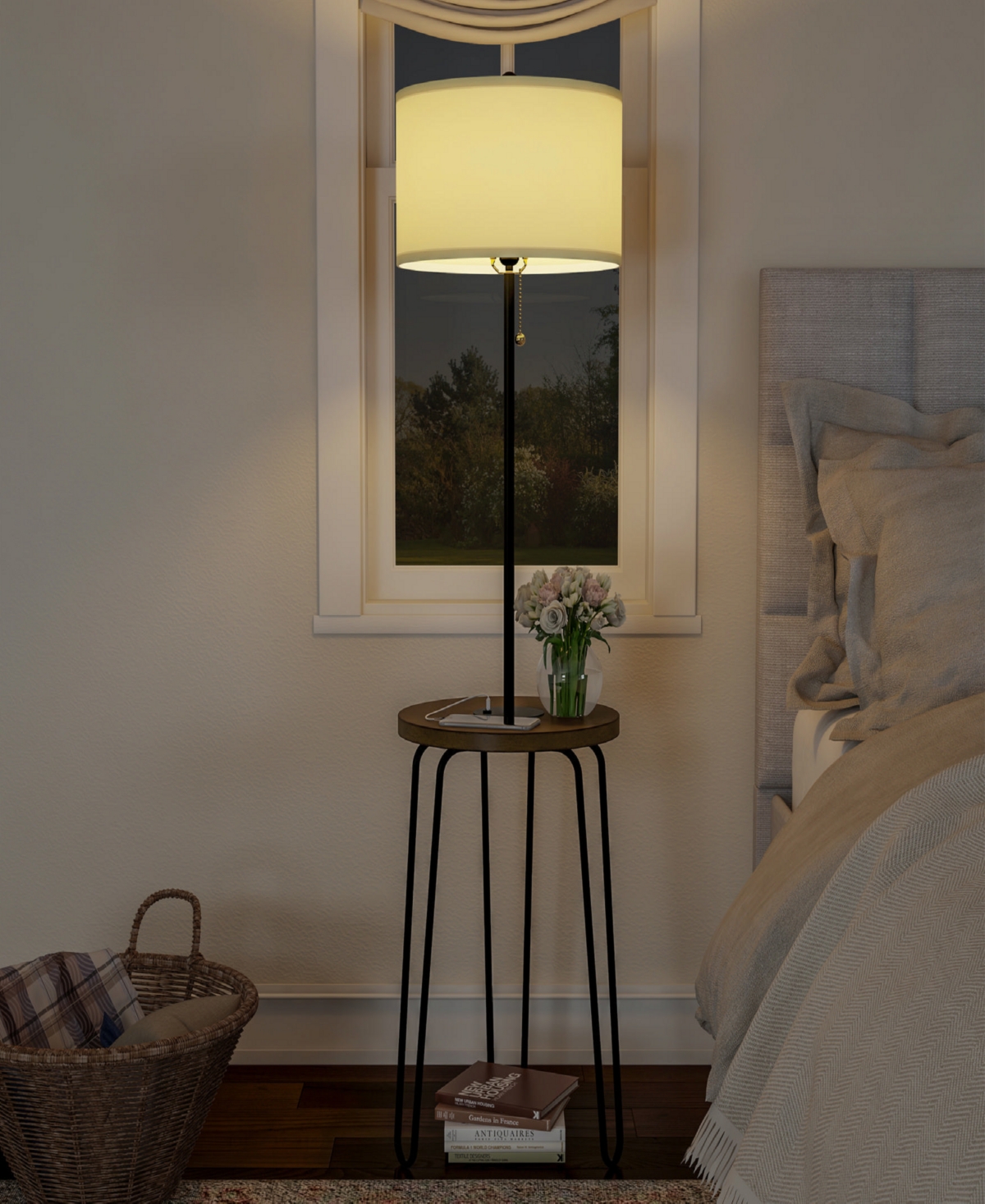 Lavish Home 59" Usb Port And Hairpin Legs Floor Lamp With Table In Brown,black And Off-white