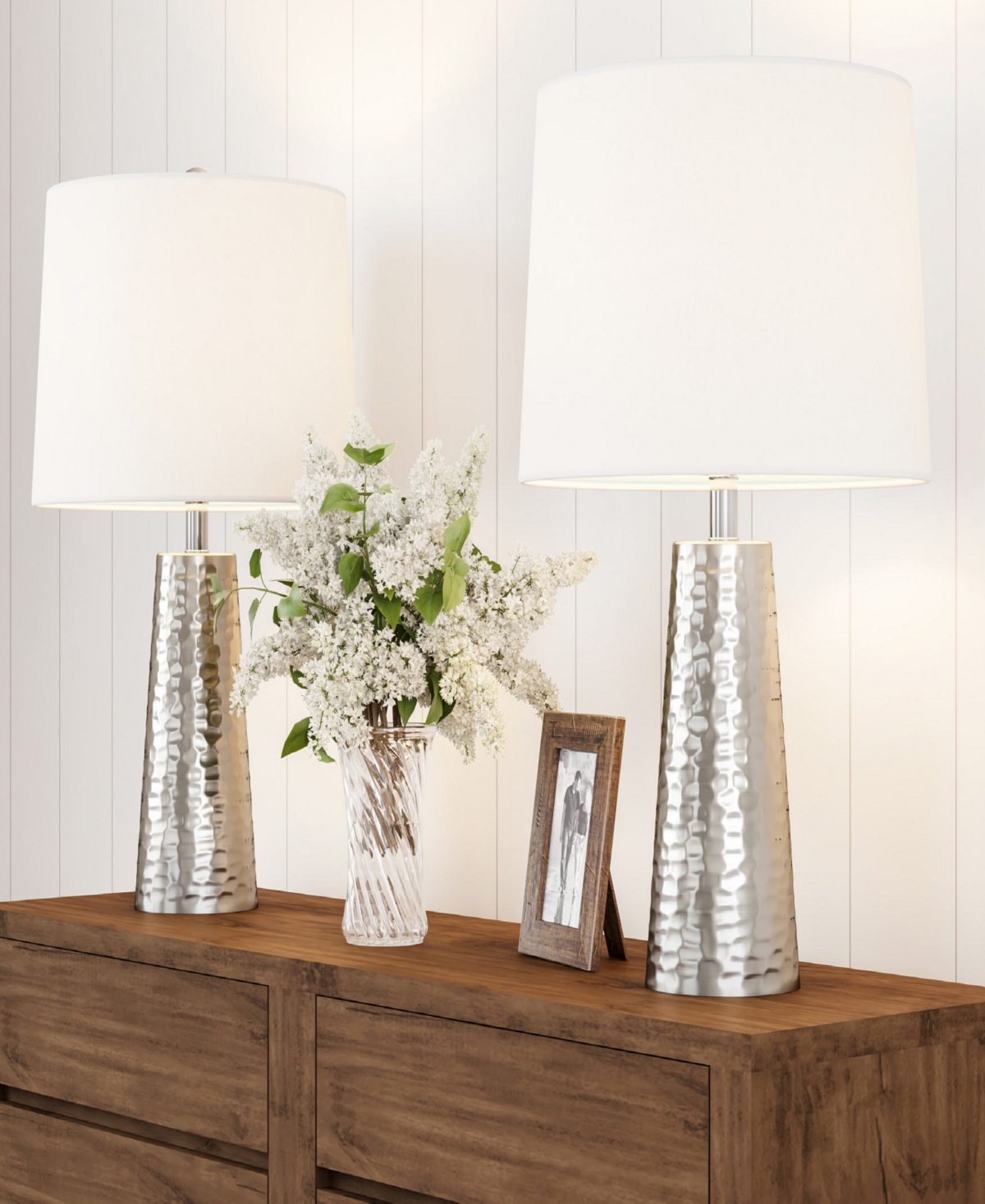 Lavish Home 26" Hammered Flared Drum Shaped Table Lamp Set In Brushed Silver