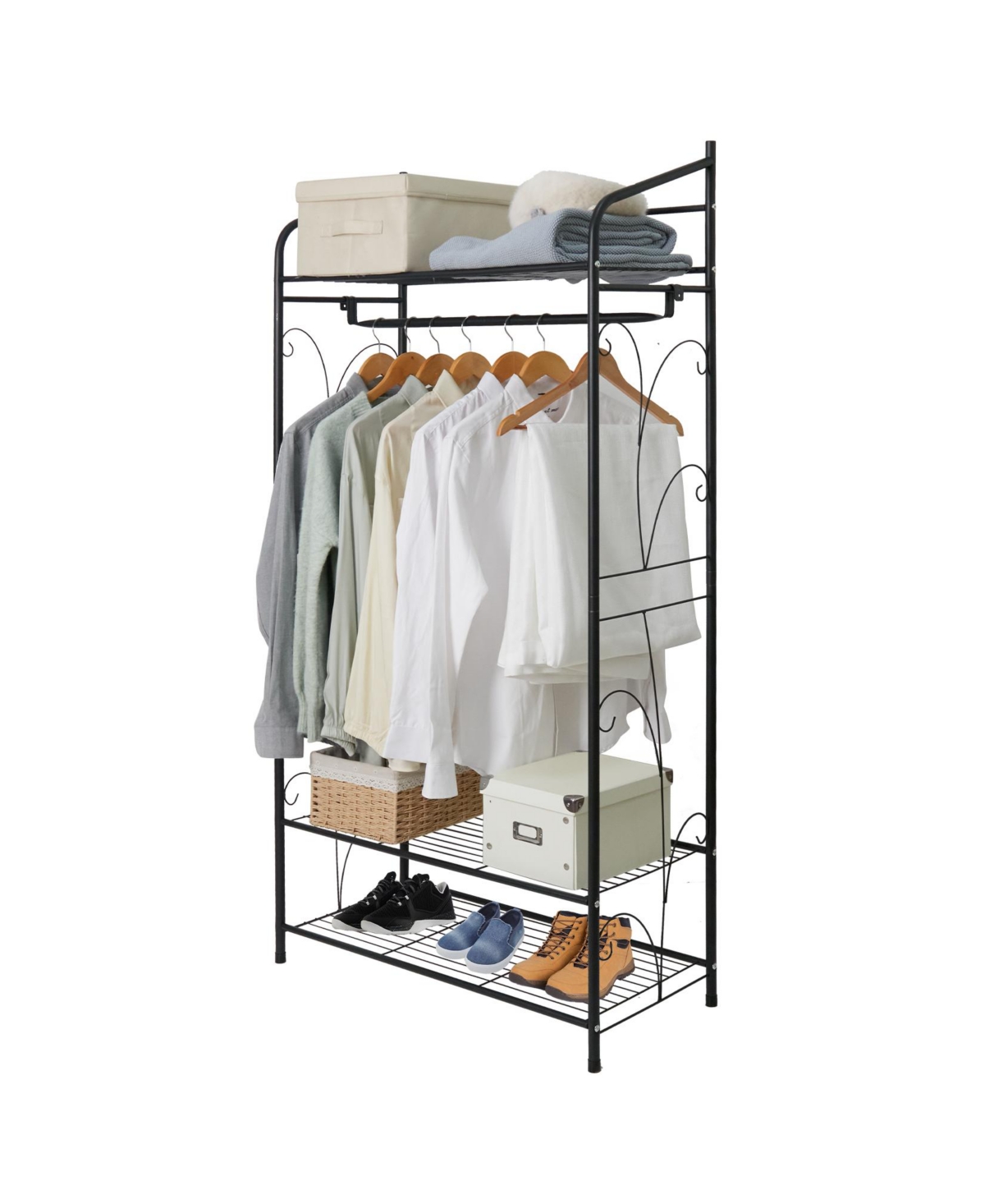 Metal Clothes Rack: Garment Hanging Storage Shelf Shoes Stand for Bedroom Living Room - Black