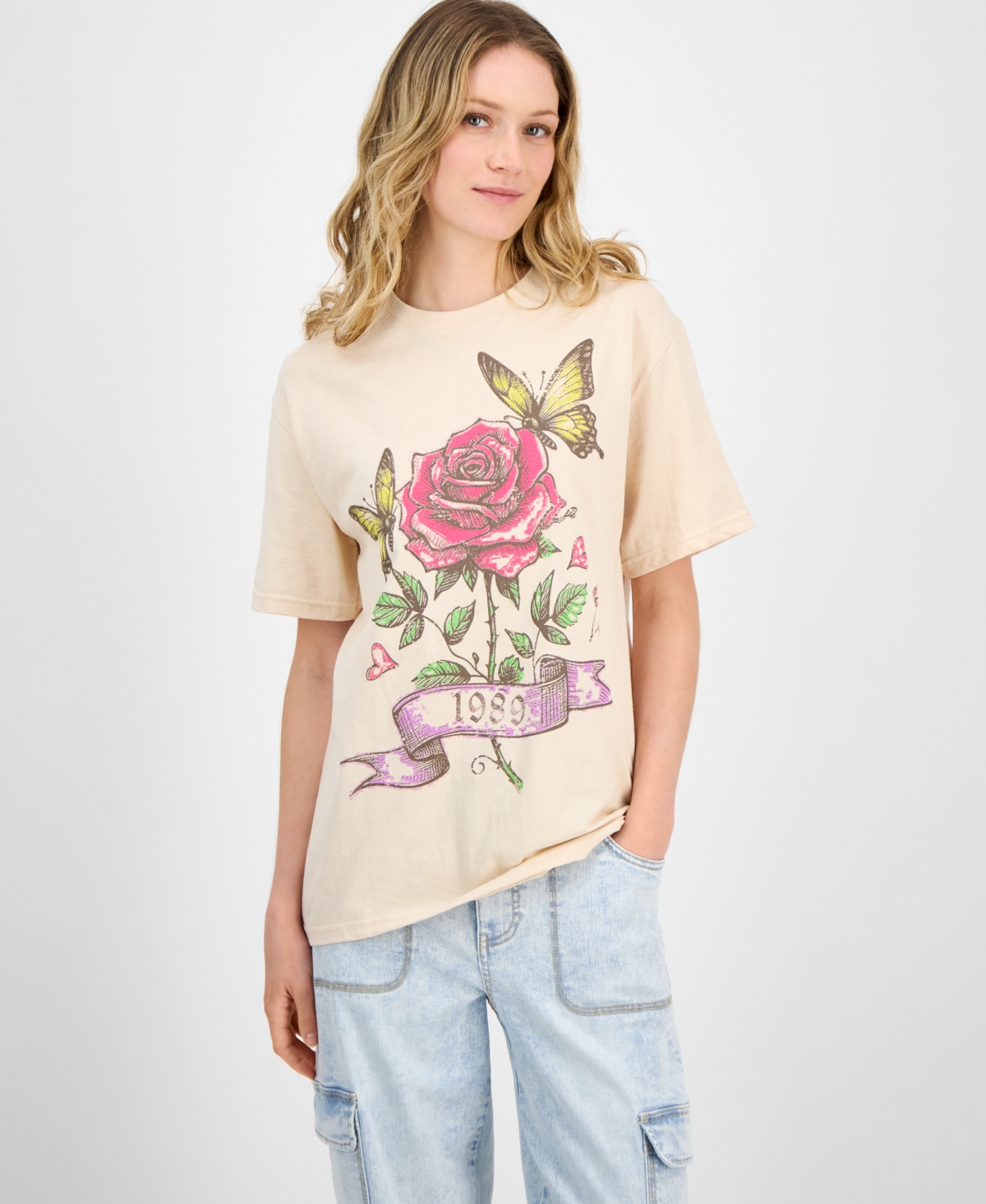 Juniors' Rose Butterfly Graphic-Print Cotton T-Shirt - Ivory
