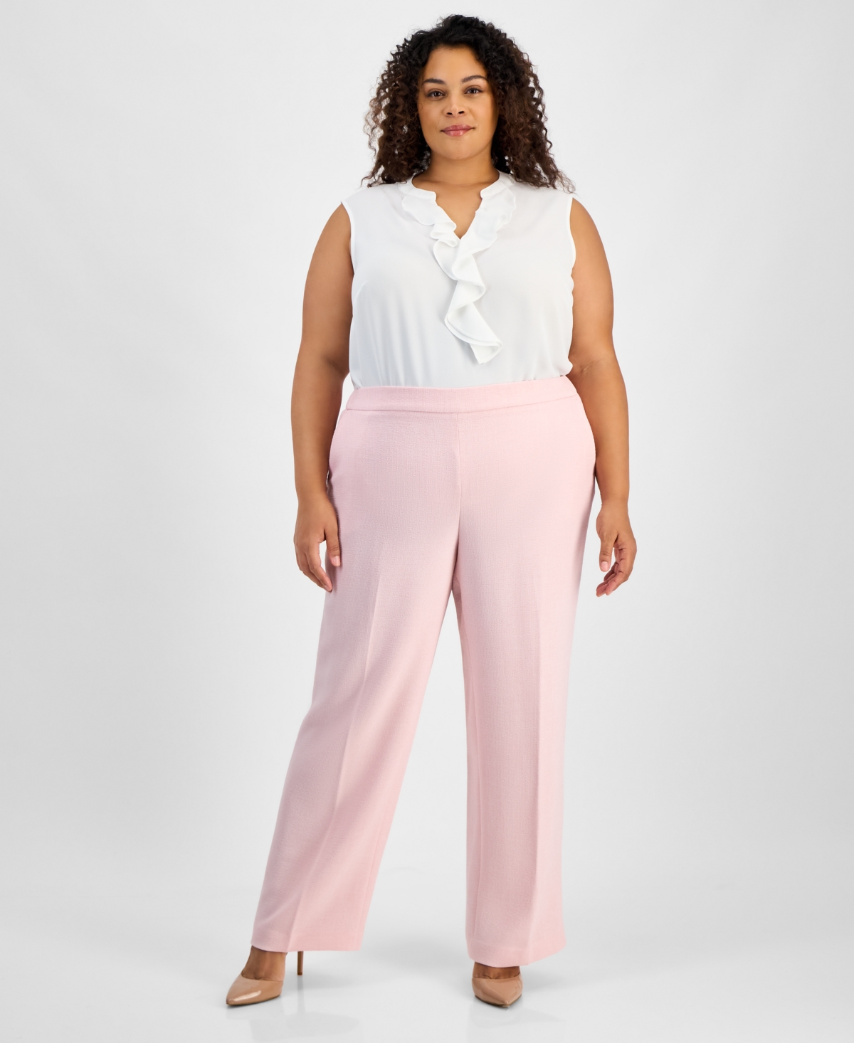 Plus Size Melange Crepe Wide-Leg Pull-On Pants - Tutu Pink