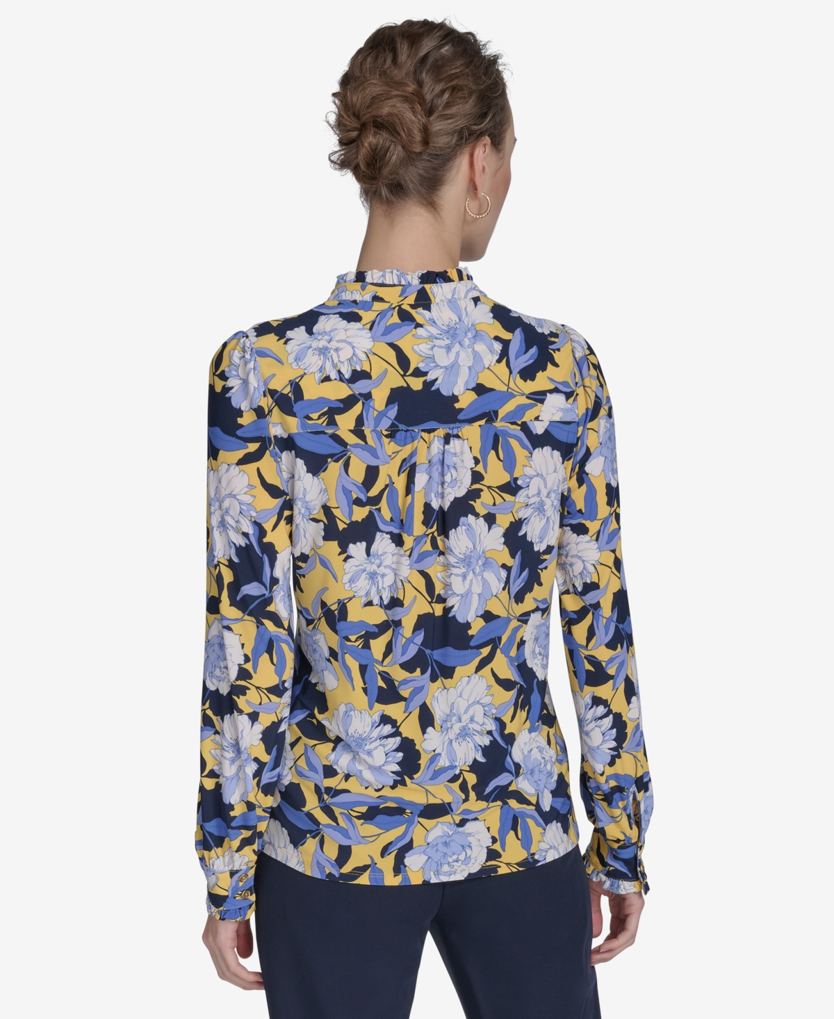 Tommy Hilfiger Women's Floral-print Ruffled-placket Button-down Knit Top In Deep Maize Multi