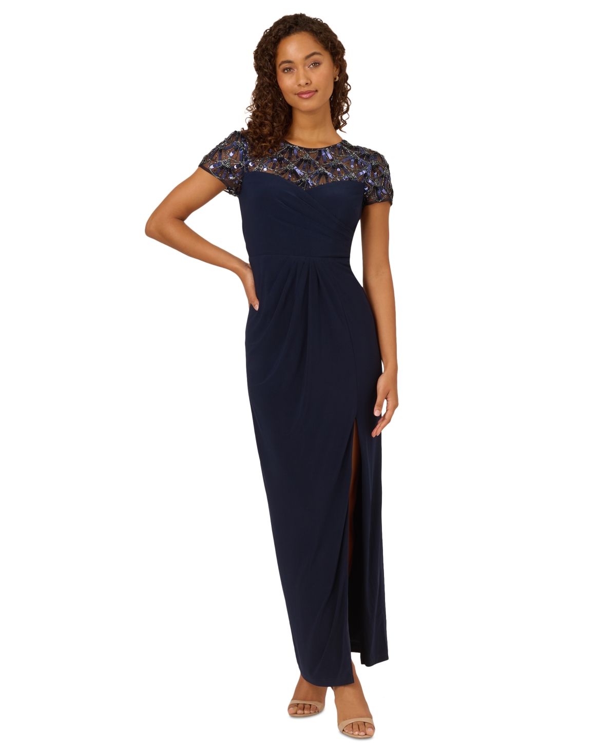ADRIANNA PAPELL WOMEN'S BEADED HIGH-SLIT JERSEY DRESS 