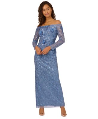 Adrianna Papell - Women's Off-The-Shoulder Beaded Mesh Gown
