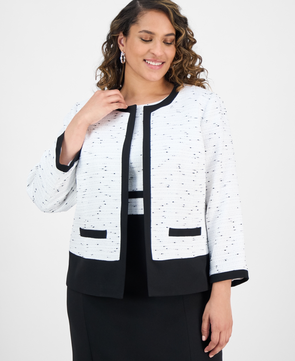 Plus Size Tweed Open-Front Blazer - Vanilla Ice/black