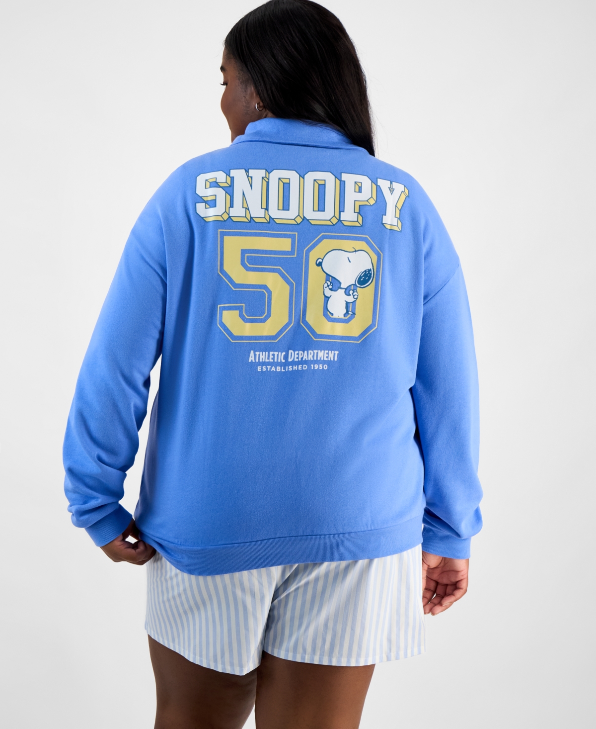 Shop Love Tribe Trendy Plus Size Snoopy Running Club Half-zip Sweatshirt In Provence