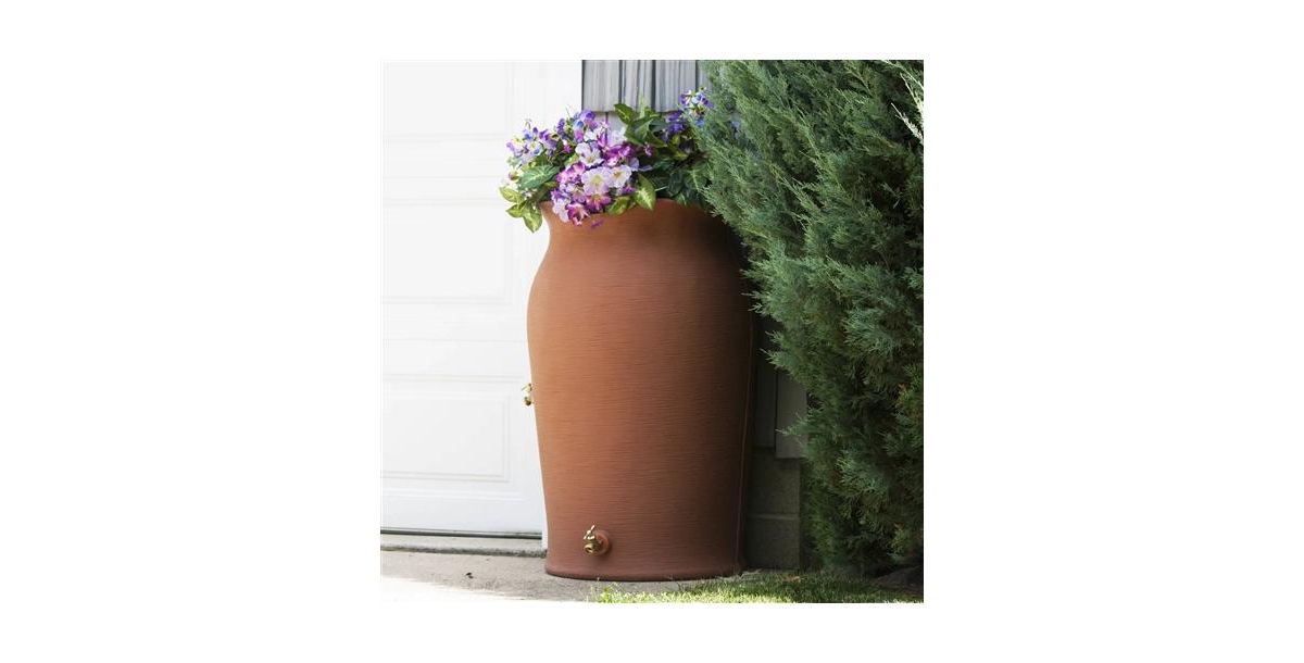 Slickblue 50-Gallon Plastic Urn Rain Barrel with Planter Top for Garden Watering and Conservation