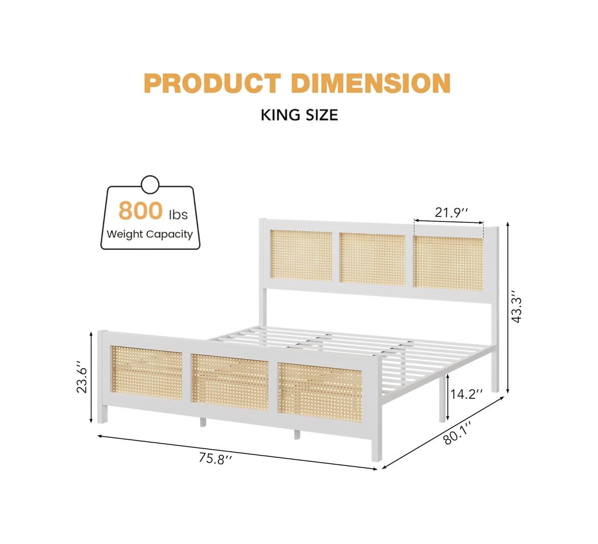 gaomon Size Rattan Bed Frame with Headboard,Boho Cane Platform Bed Frame with Strong Metal Slat, Noise Free, No Box Spring Needed - White