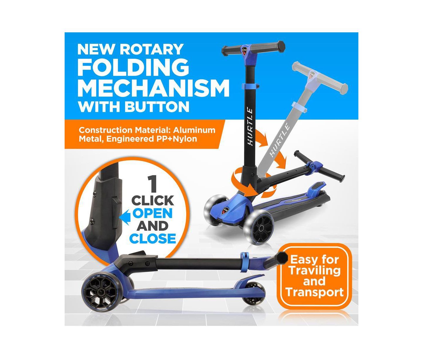 Детская игрушка Hurtle 3-Wheel Foldable Kids Scooter With LED Wheel Lights - Blue — фото 2