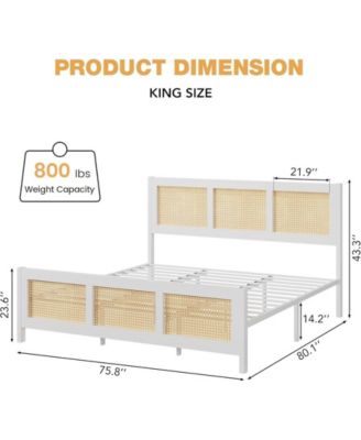 King Size Rattan Bed Frame with Headboard, White Boho Cane Platform Bed Frame with Strong Metal Slat, Noise Free, No Box Spring Needed