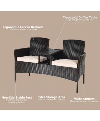 Patented Cushioned Rattan Wicker Patio Conversation Set Loveseat Table