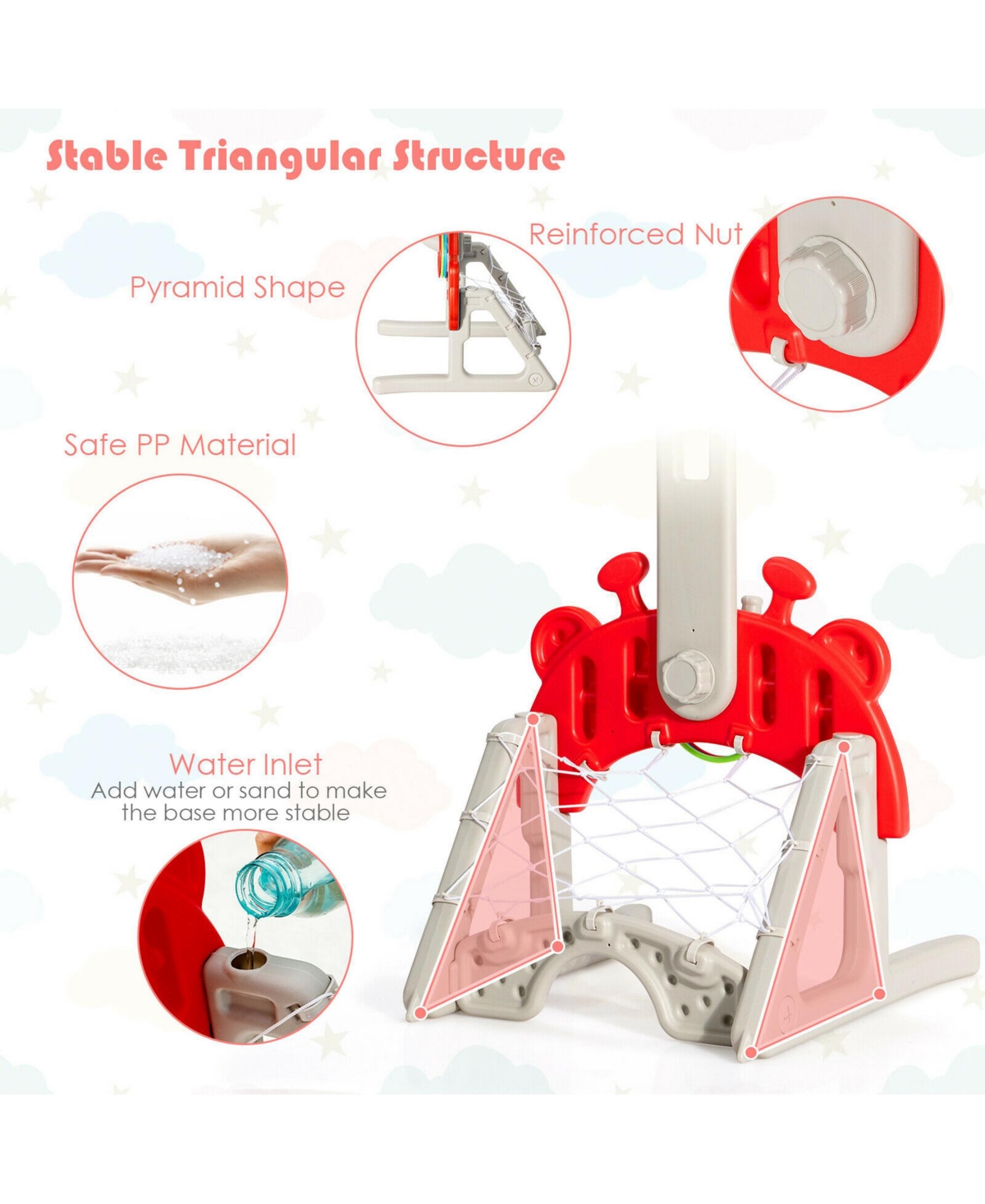 Gymax 3-in-1 Basketball Hoop for Kids Adjustable Height Playset w/ Balls - Red+beige