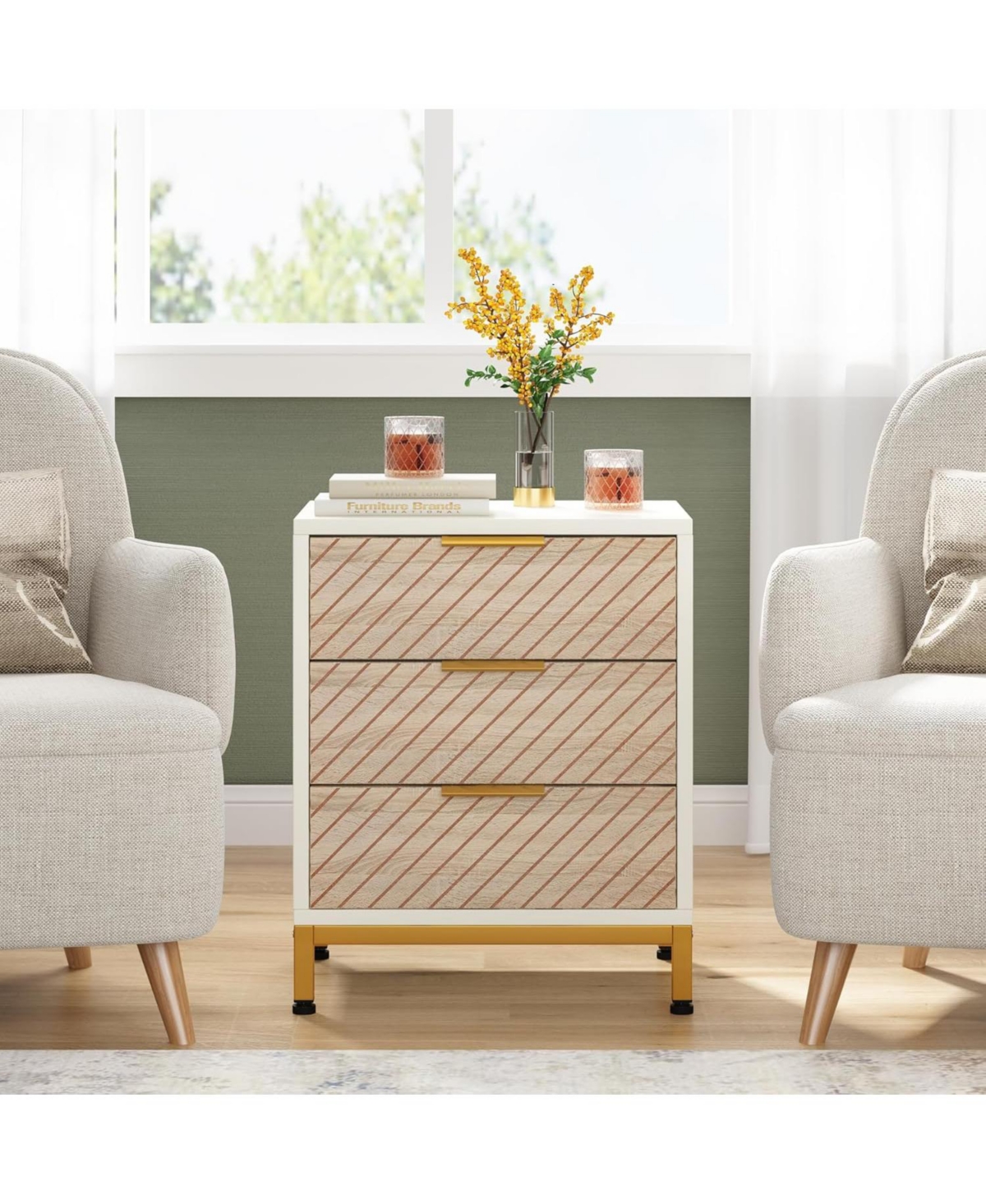 Tribesigns Nightstand for Bedrooms, White and Gold Light Wood Grain Nightstand with 3 Drawers, End Tables Storage for Living Room - White and gold
