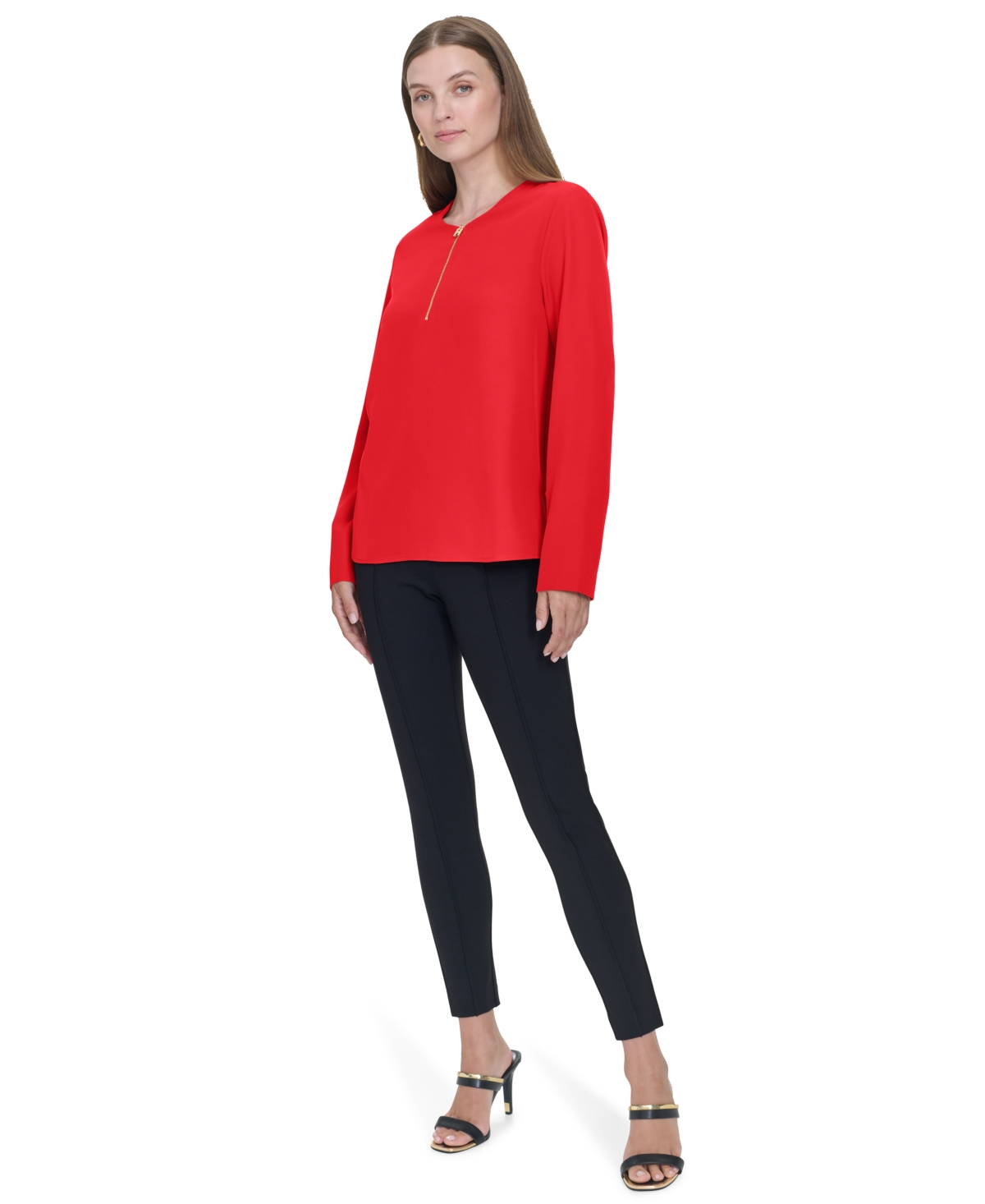 HALSTON WOMEN'S ZIP-FRONT HI-LOW SIDE-SLIT BLOUSE 