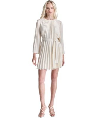 dkny pleated tie-waist dress DKNY A-Line Dress M Short Black Pleated Tie Waist Crew Neck Short Sleeve