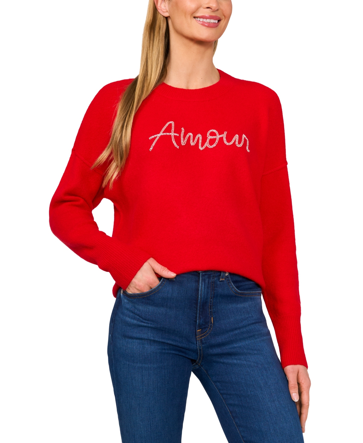 Women's Beaded Amour Script Crewneck Long-Sleeve Sweater - Bright Cherry