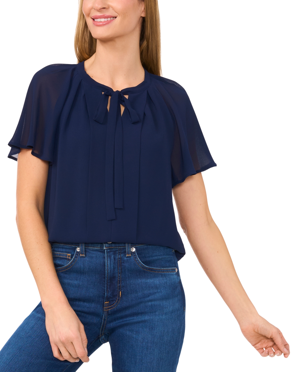 Shop Cece Women's Raglan Flutter-sleeve Pleated Bow Blouse In Classic Navy