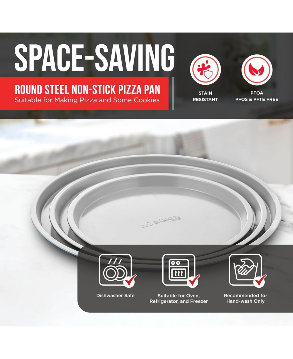 Bakken Swiss Pizza Tray Set 3-Piece Gray Ceramic Coating, Non-Stick, Round Steel Pizza Pans - Dishwasher Safe, Premium Bakeware for Home Cooking Heatl