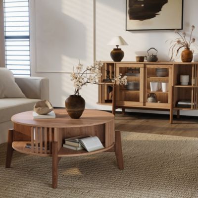 Round Coffee Table with Storage 31.5" Oak Finish Wood Center Accent Tables with Wood Legs