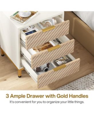 Night Stands Set of 2, Nightstand with 3 Drawers White and Gold Light Wood Grain Nightstands Bedside End Tables Storage for Bedrooms