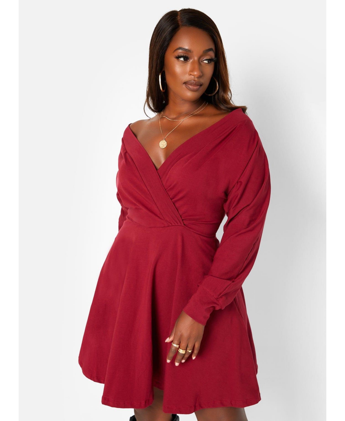 Msgd Women's Burgundy Cotton Off-The-Shoulder Mini Skater Dress with Pockets - Burgundy