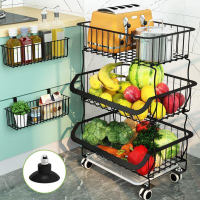 3 Tier Stackable Metal Wire Utility Rack with Rolling Wheels and 2 Free Baskets for Kitchen Pantry Garage Basket Cart