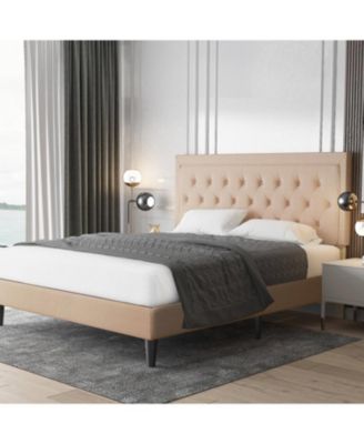 Linen Platform Bed Frame with Button Tufted Headboard